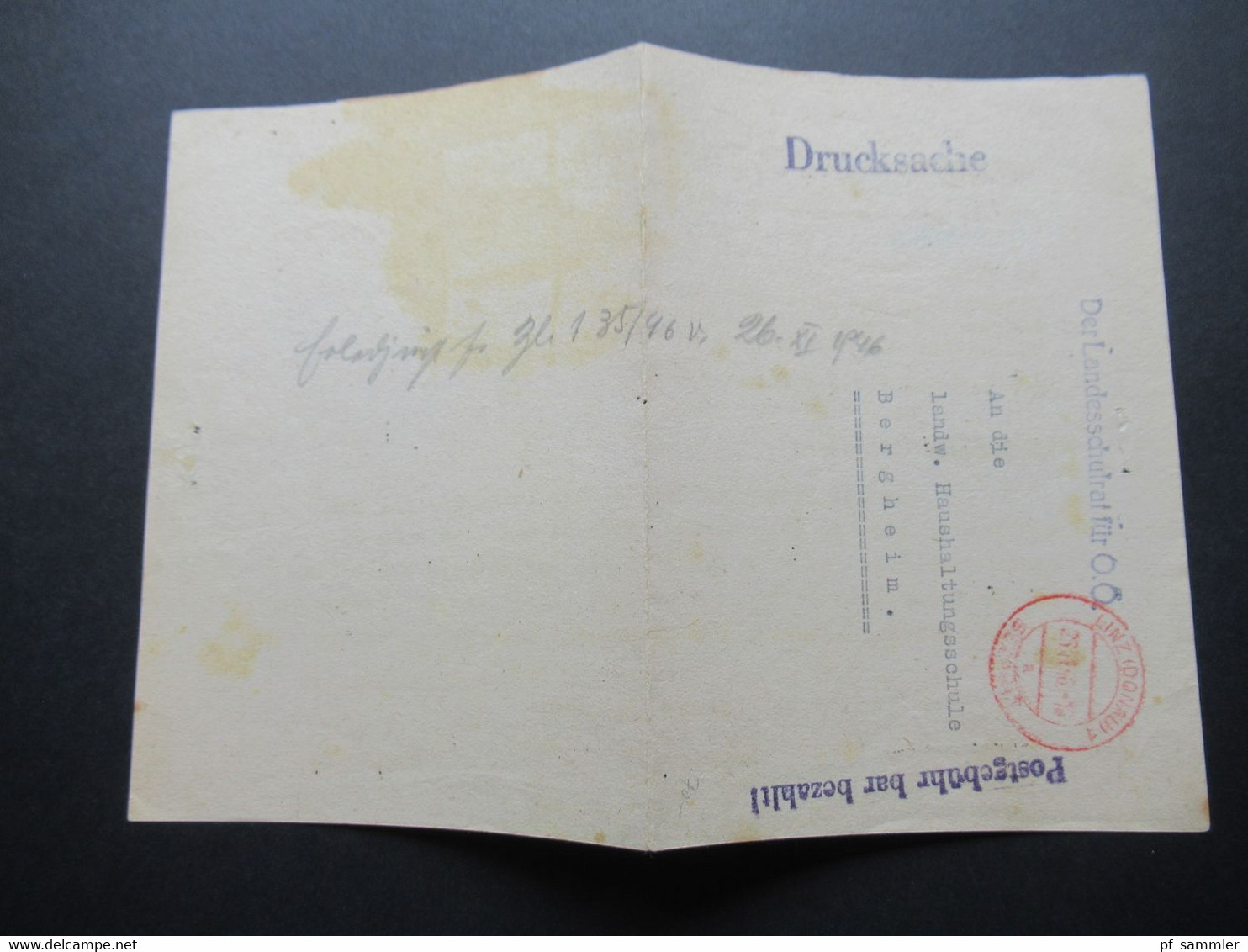 Österreich 1946 L1 Postgebühr bar bezahlt und roter Stempel Linz (Donau) Bezahlt Der Landesschulrat für O.Ö.