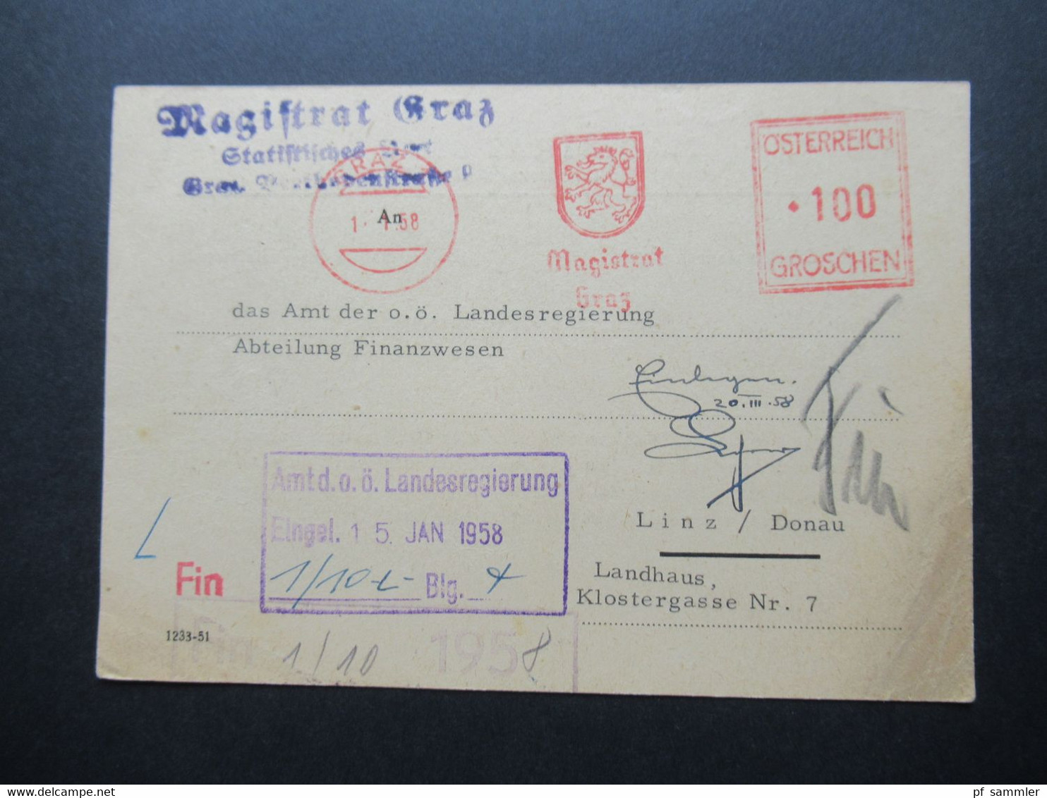 Österreich 1958 PK Mit Freistempel 100 Groschen Magistrat Graz An Das Amt Der O.Ö. Landesregierung In Linz Stempel Fin - Cartas & Documentos