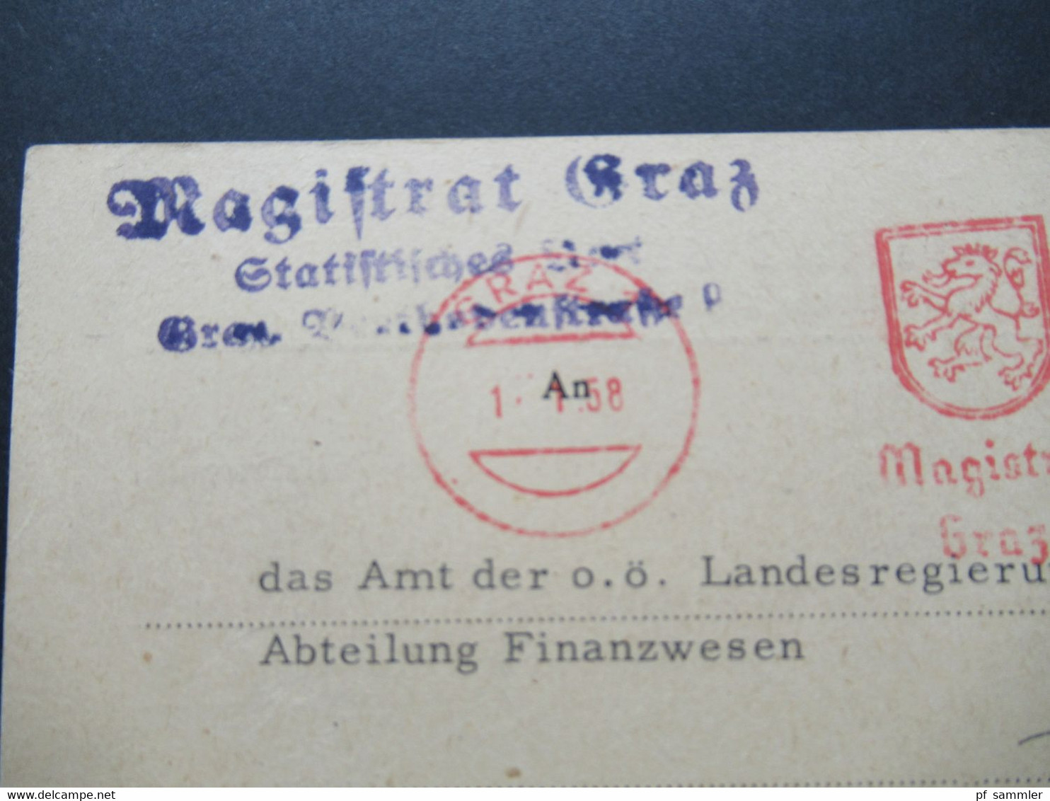 Österreich 1958 PK Mit Freistempel 100 Groschen Magistrat Graz An Das Amt Der O.Ö. Landesregierung In Linz Stempel Fin - Storia Postale