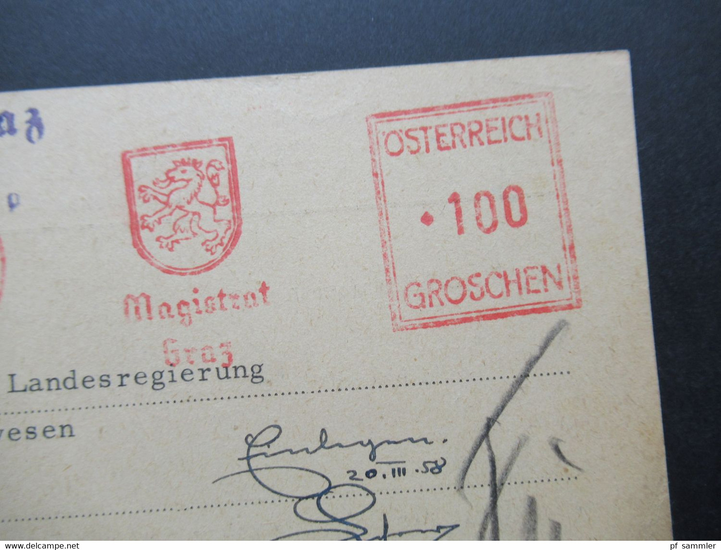 Österreich 1958 PK Mit Freistempel 100 Groschen Magistrat Graz An Das Amt Der O.Ö. Landesregierung In Linz Stempel Fin - Brieven En Documenten