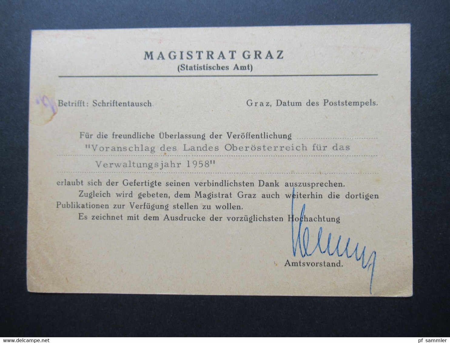 Österreich 1958 PK Mit Freistempel 100 Groschen Magistrat Graz An Das Amt Der O.Ö. Landesregierung In Linz Stempel Fin - Covers & Documents