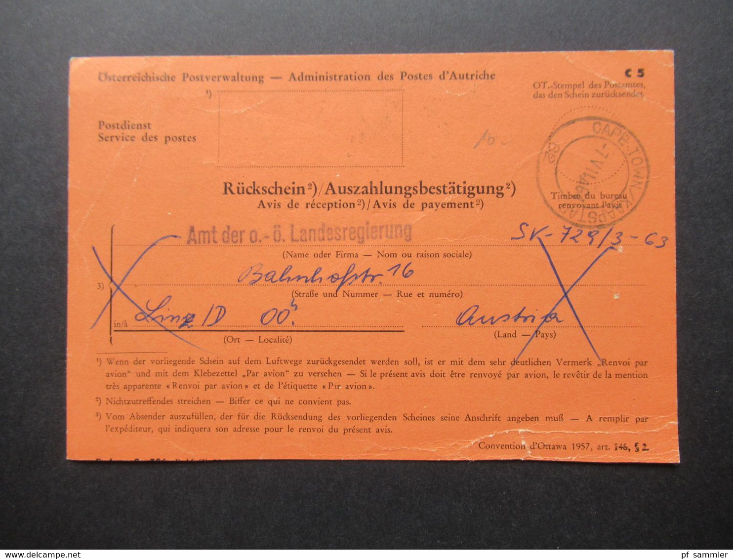 Österreich 1964 Rückschein / Auszahlungsbestätigung Von Linz Nach Cape Town Kaapstad Los Angeles Hotel Durban - Lettres & Documents