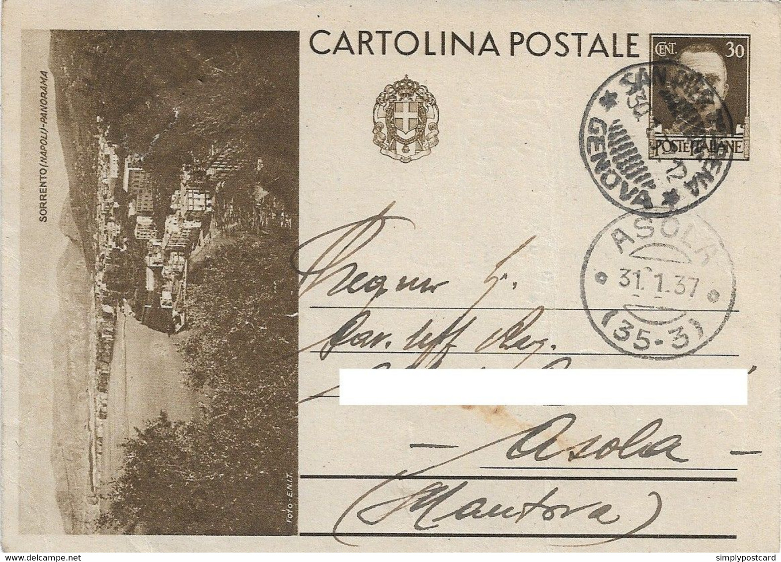 INTERO POSTALE TURISTICA 30c SORRENTO - VIAGGIATA 31.03.1937 - E17 - Ganzsachen