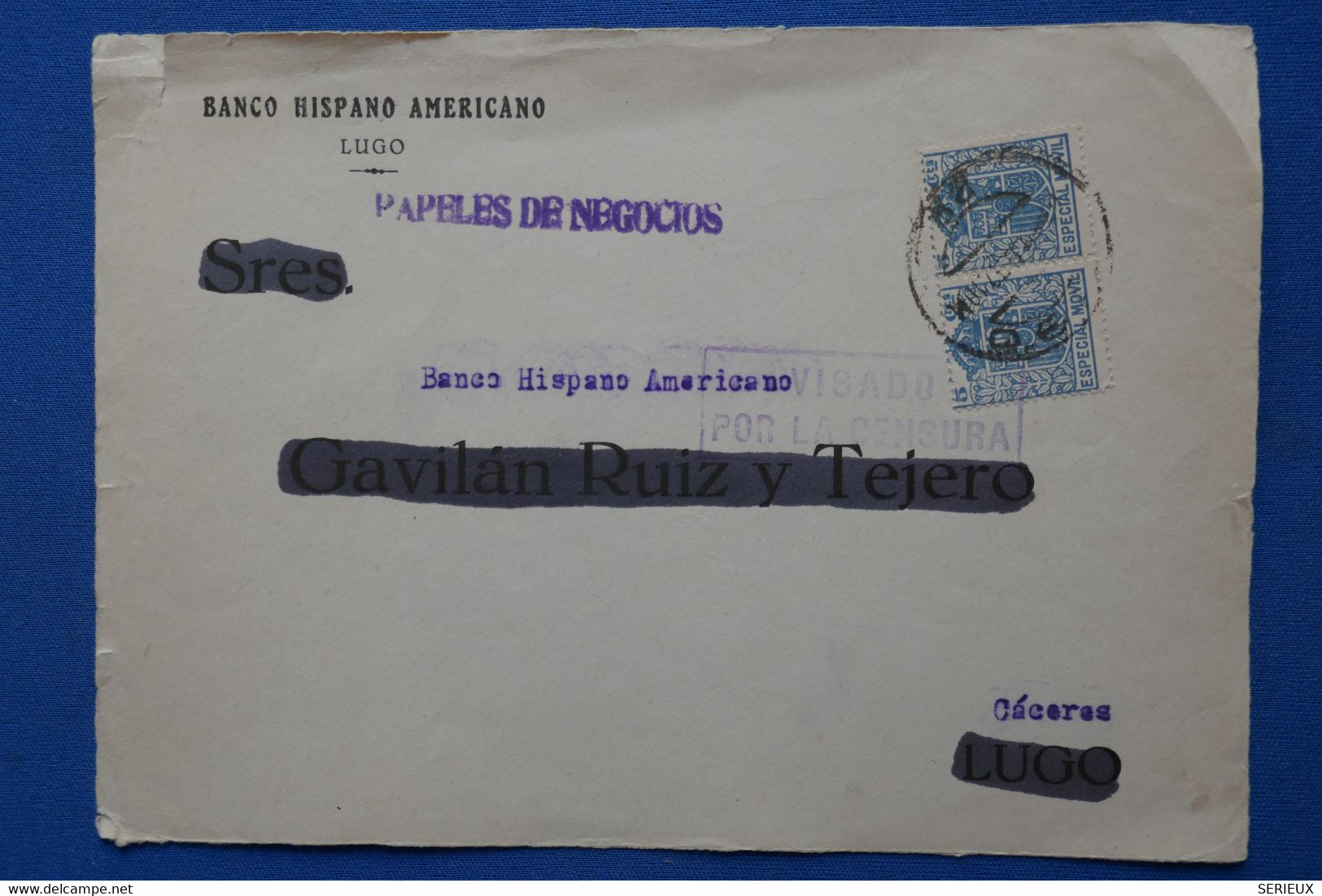 T1 ESPANA BELLE LETTRE  DEVANT GUERRE CENSURE 1935 LUGO POUR CACERES +PAIRE DE T.P  + AFFRANCH INTERESSANT - Marques De Censures Nationalistes