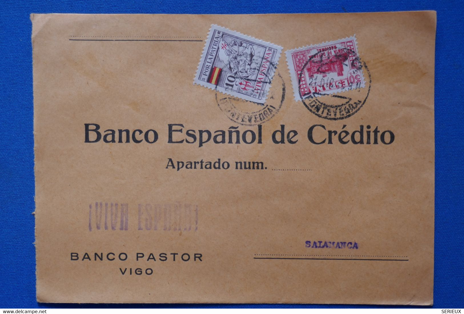 T2 ESPANA BELLE LETTRE  GUERRE  CIVILE VIVA ESPANA 1939  VIGO POUR SALAMANCA + SURCHARGE  + AFFRANCH INTERESSANT - Nationalists Censor Marks