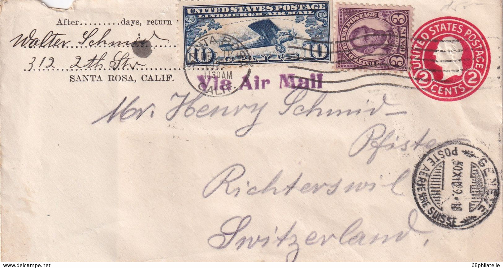 USA 1929     ENTIER POSTAL/GANZSACHE/POSTAL STATIONERY PLI AERIEN DE SANTA ROSA - 1921-40