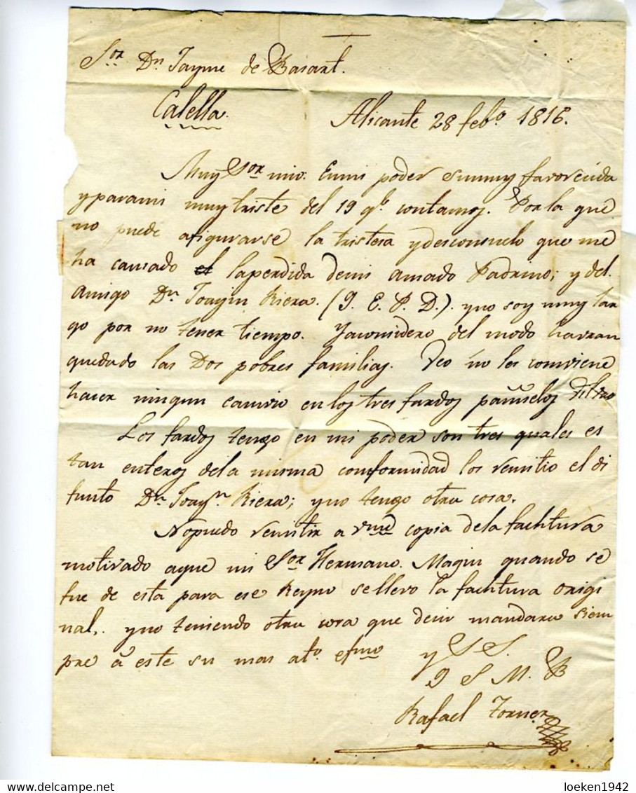 ESPAÑA Carta Con Texto De  ALICANTE  1816  Hasta  CALELLA   PR66 - ...-1850 Préphilatélie