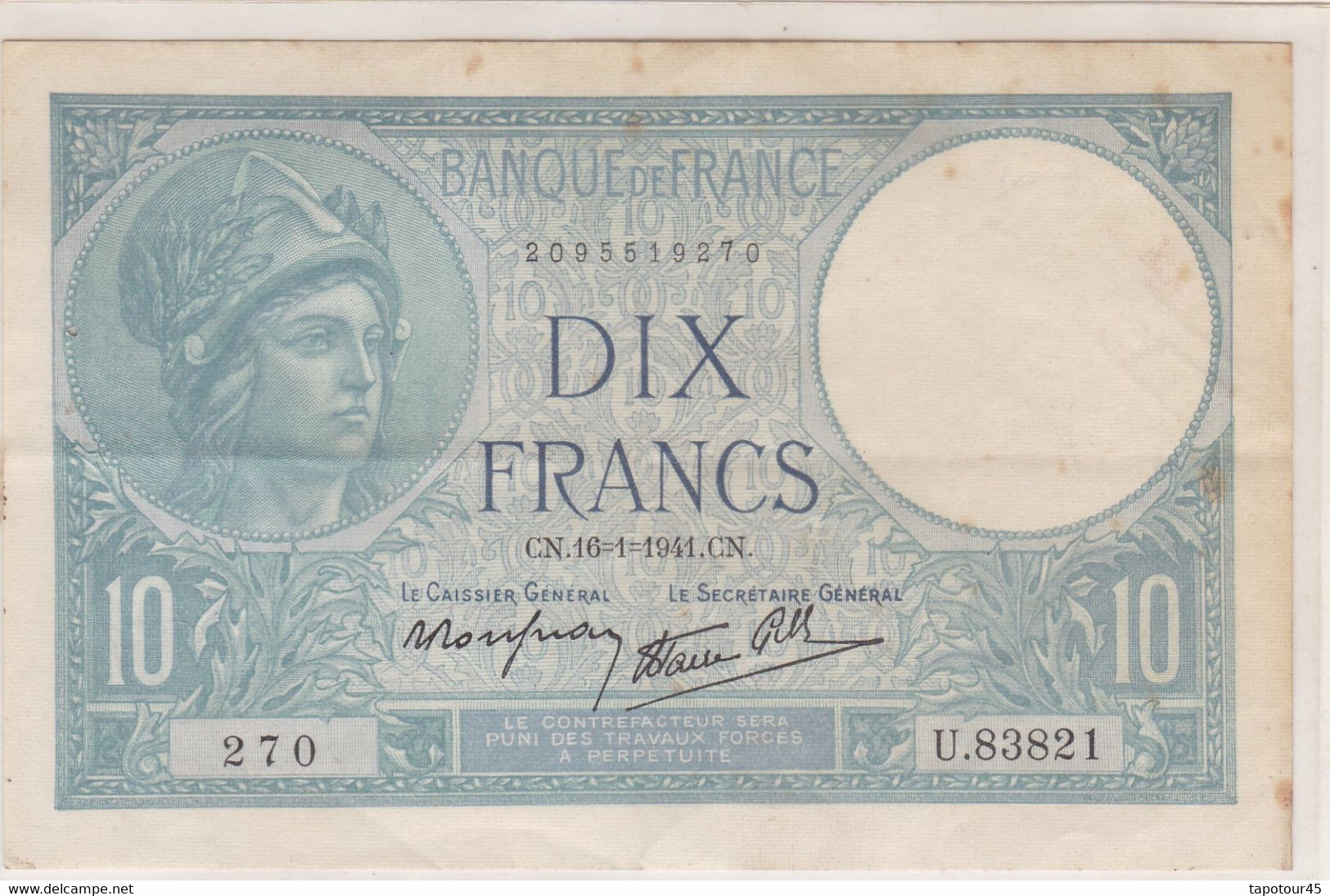 Billet > France >10 Francs 1941 - 10 F 1916-1942 ''Minerve''