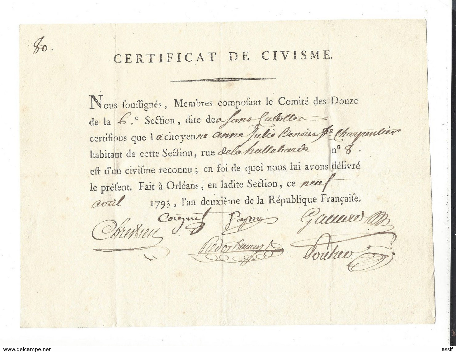 Orléans  Certificat De Civisme Pour La Femme Charpantier , Née Benoist 9 Avril 1793 - Documents Historiques