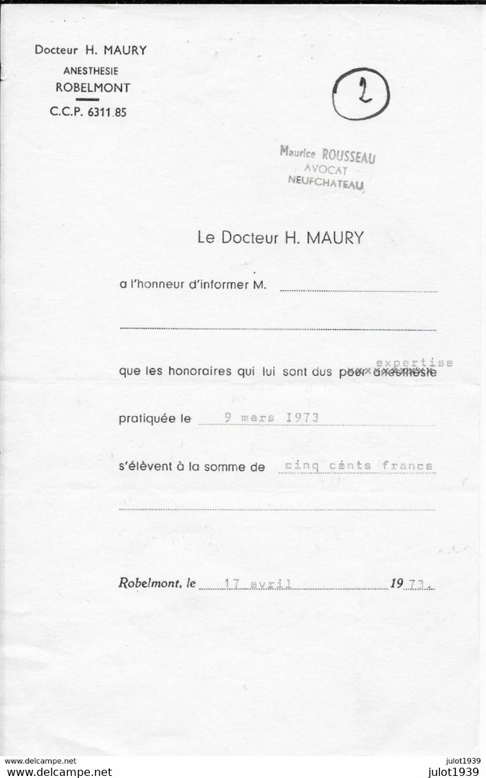 ROBELMONT ..-- 1973 . Fiche D' Honoraires . Document . - Meix-devant-Virton