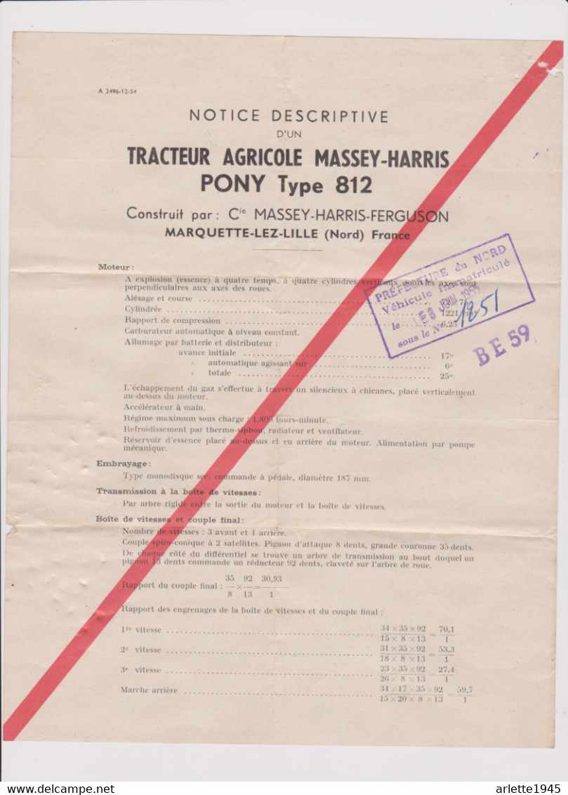 TRACTEUR AGRICOLE MASEY - HARRIS PONY TYPE 812 Pour  LIESSIES (NORD) 1955 - Traktoren