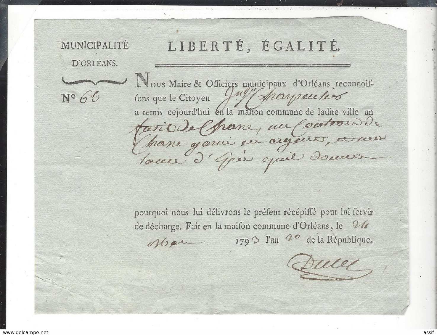 Orléans  24 Mars 1793 Remise D'armes Détenues Par Un Particulier - Documents Historiques