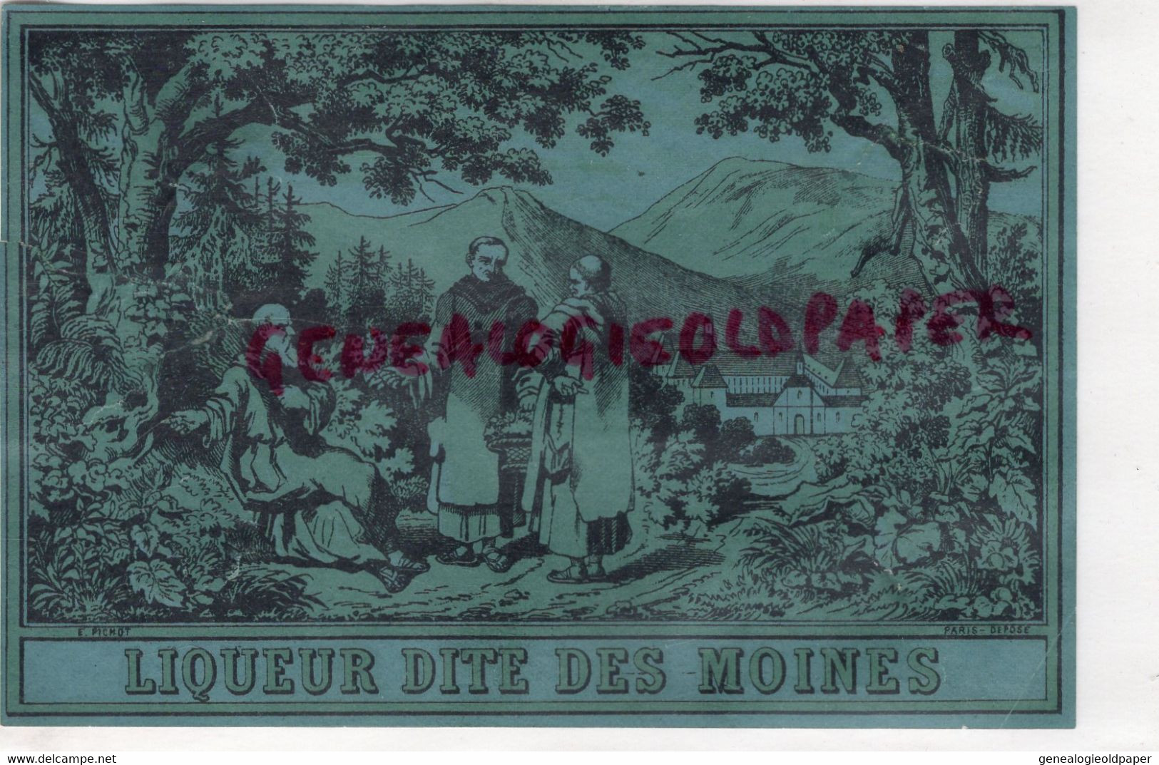 RARE ETIQUETTE LIQUEUR DITE DES MOINES -MOINE- IMPRIMERIE LITHOGRAPHIE E. PICHOT   PARIS - Alimentaire