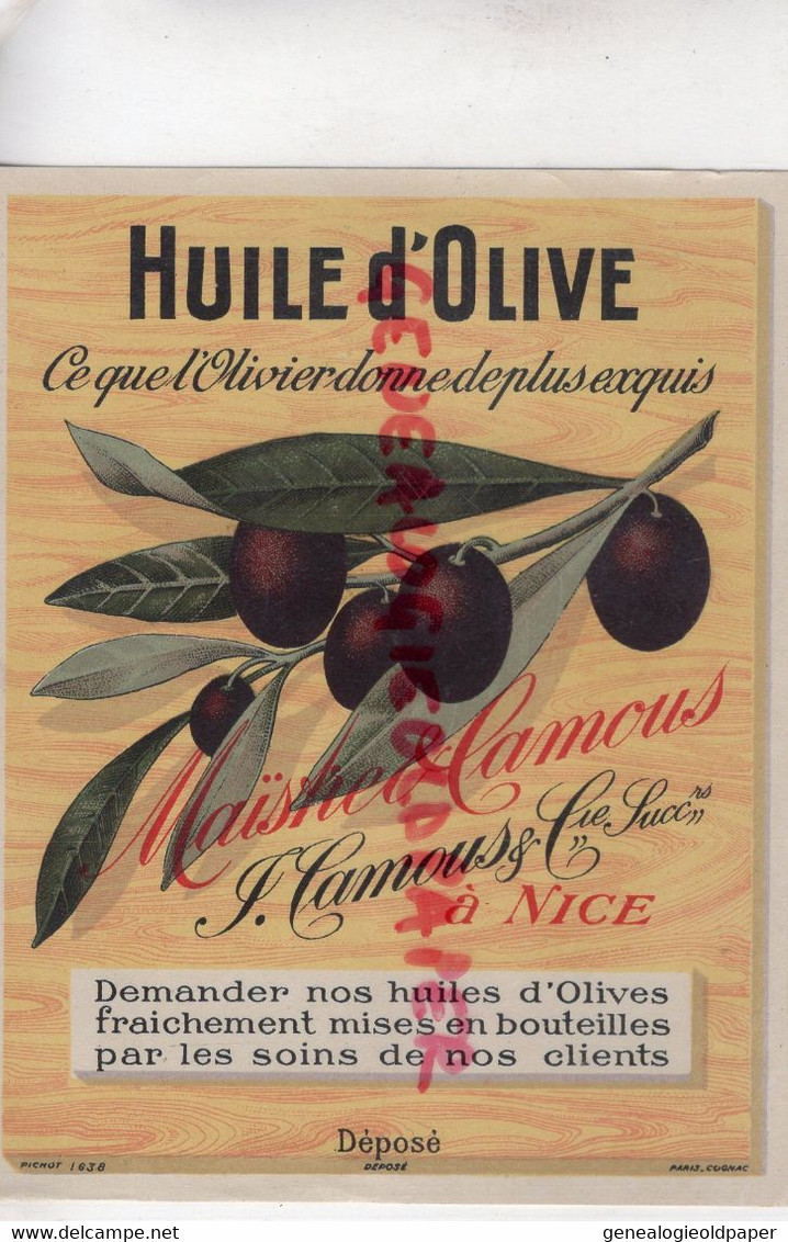 06-NICE -RARE ETIQUETTE HUILE D' OLICE MAISTRE & CAMOUS- OLIVIER OLIVES - IMPRIMERIE LITHOGRAPHIE PICHOT PARIS - Alimentaire