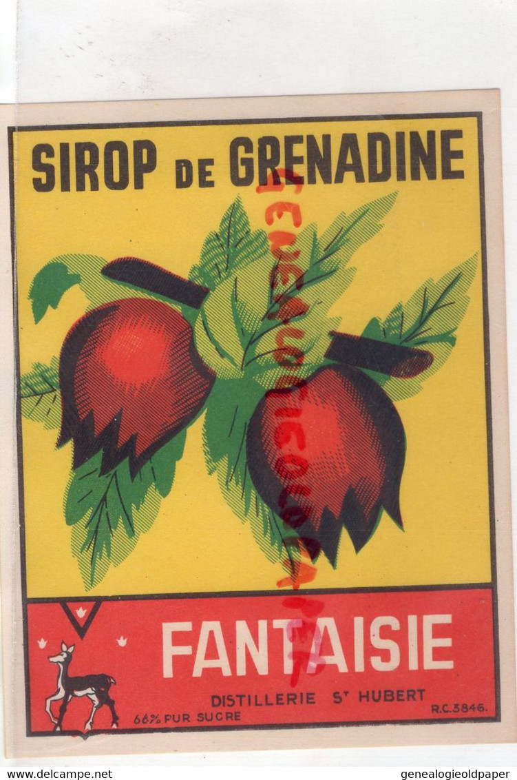 RARE ETIQUETTE SIROP DE GRENADINE FANTAISIE -DISTILLERIE SAINT HUBERT -  PUR SUCRE - Alimentaire