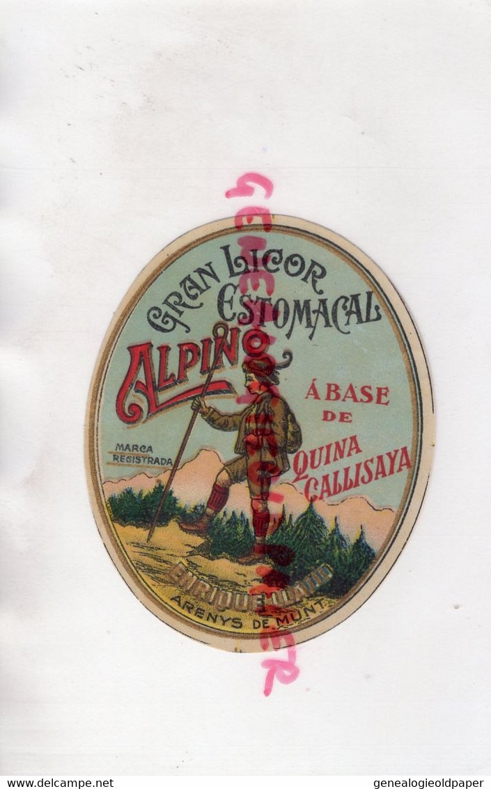 ETIQUETTE ALPINO GRAN LICOR ESTOMACAL A BASE DE QUINA CALLISAYA- ENRIQUE LLADO ARENYS DE MUNT - ALPINISTE ALPINISME - Lebensmittel