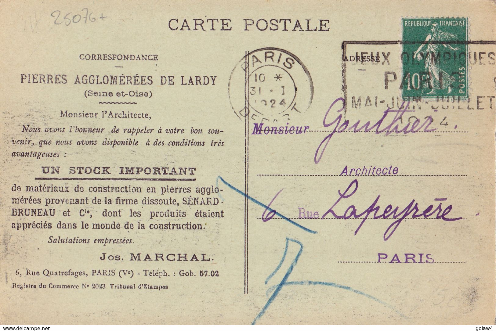 25076# SEMEUSE CARTE POSTALE Obl PARIS DEPART 1924 JEUX OLYMPIQUES PARIS MAI JUIN JUILLET OLYMPICS GAMES JO - Estate 1924: Paris