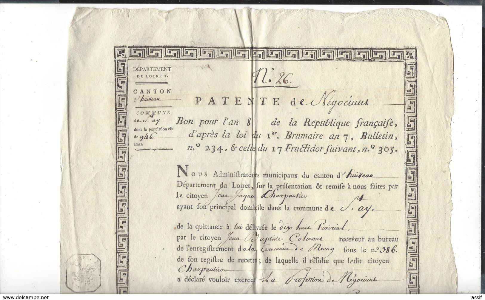 St-Ay ( Loiret ) Patente De Négociant , Orléans  An 8  ( Grande Feuille 45,5 X 28,5 Cm ) - Historical Documents