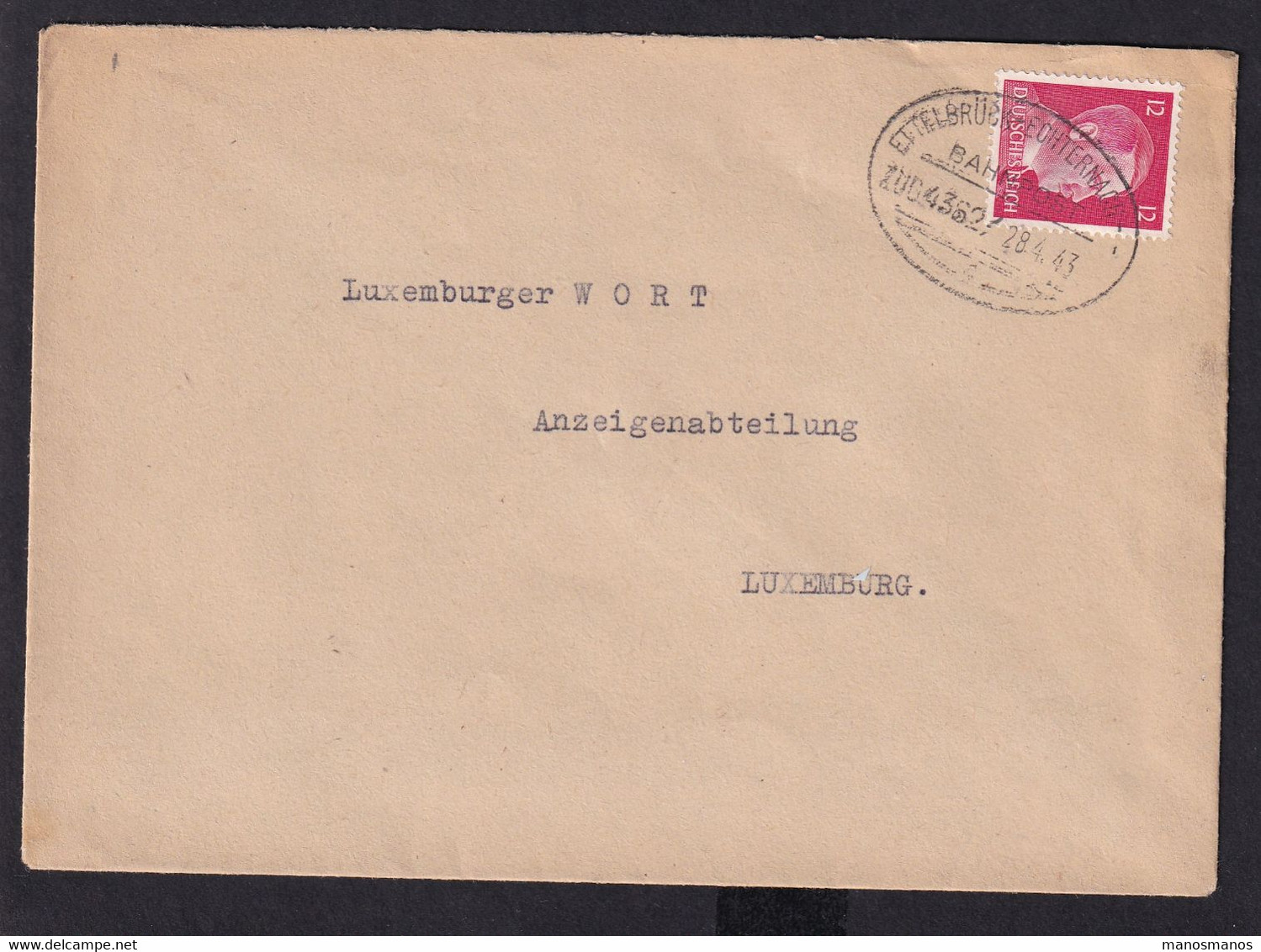 DDZ002 - EnveloppeTP Hitler Cachet Ovale AMBULANT ETTELBRUCK-ECHTERNACH 1943 ( Zug 43627) - 1940-1944 Deutsche Besatzung