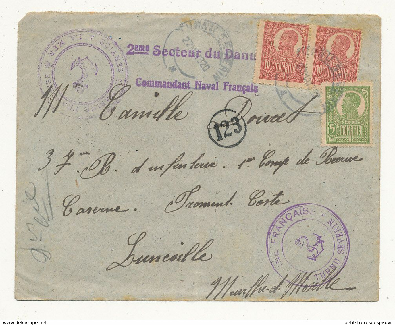 Lettre Du 2ème Secteur Du DANUBE à TOURNU Commandant Naval Français Avec Affranchissement Roumain 22/5/1920 - Guerra De 1914-18