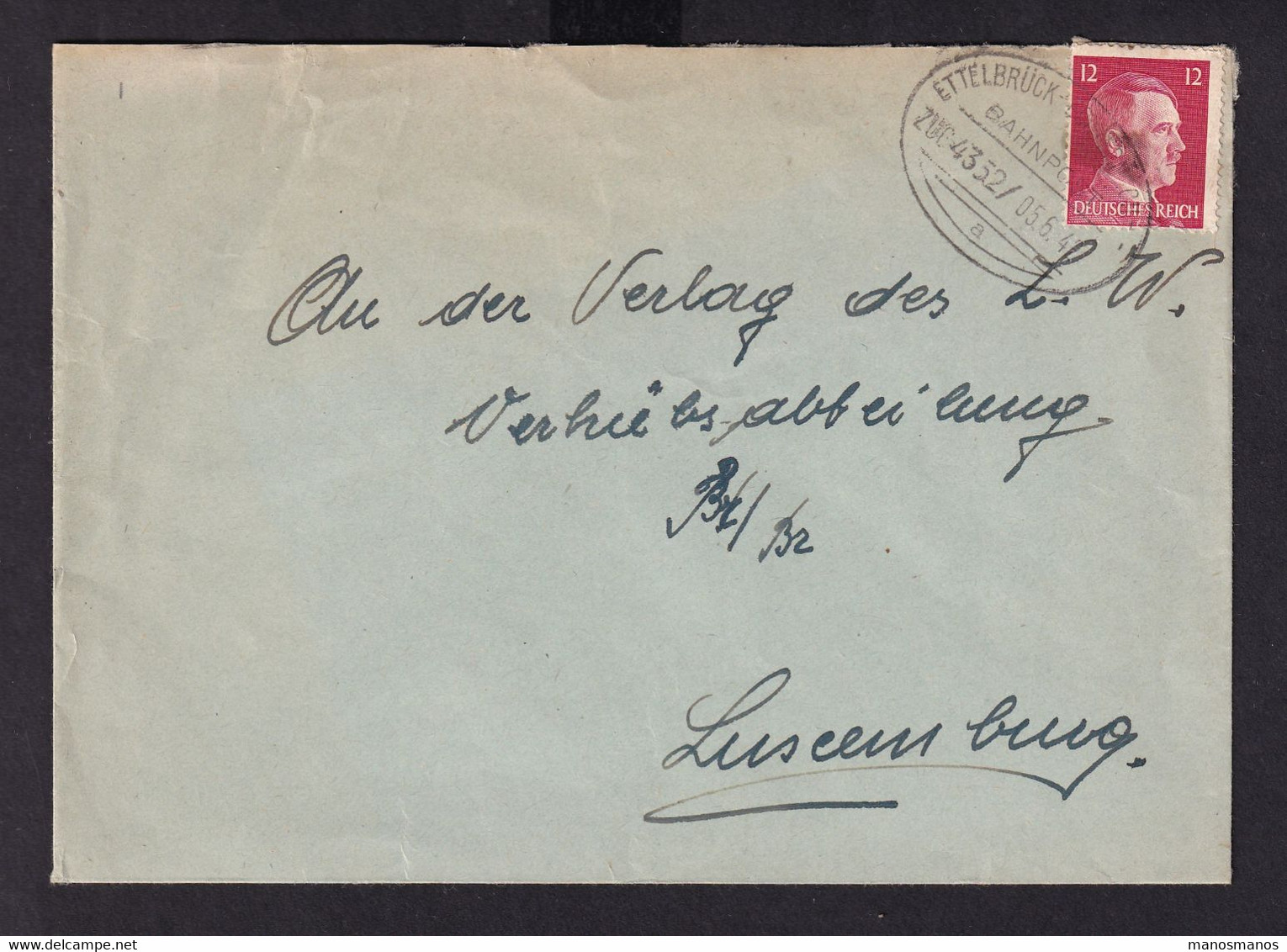 DDAA 012 - Enveloppe TP Hitler Cachet Ovale AMBULANT ETTELBRUCK-ECHTERNACH 1942 ( Zug 4352) - 1940-1944 German Occupation