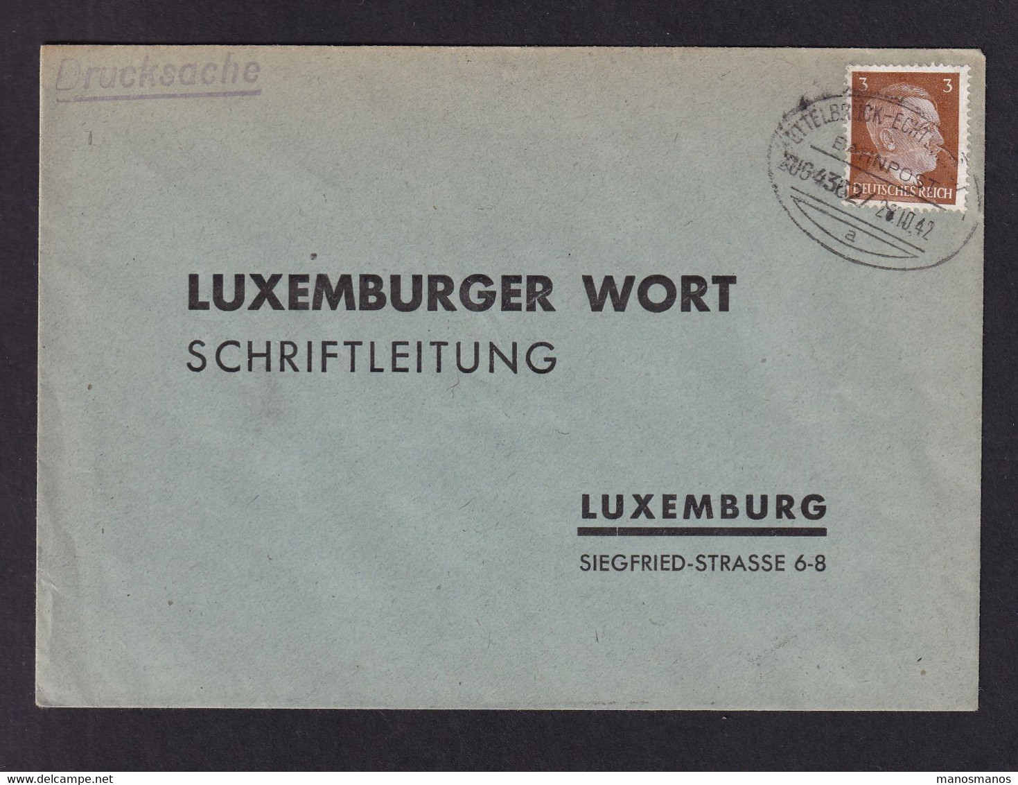 DDAA 014 - Enveloppe TP Hitler Cachet Ovale AMBULANT ETTELBRUCK-ECHTERNACH 1942 ( Zug 4362) - TARIF IMPRIME - 1940-1944 Deutsche Besatzung