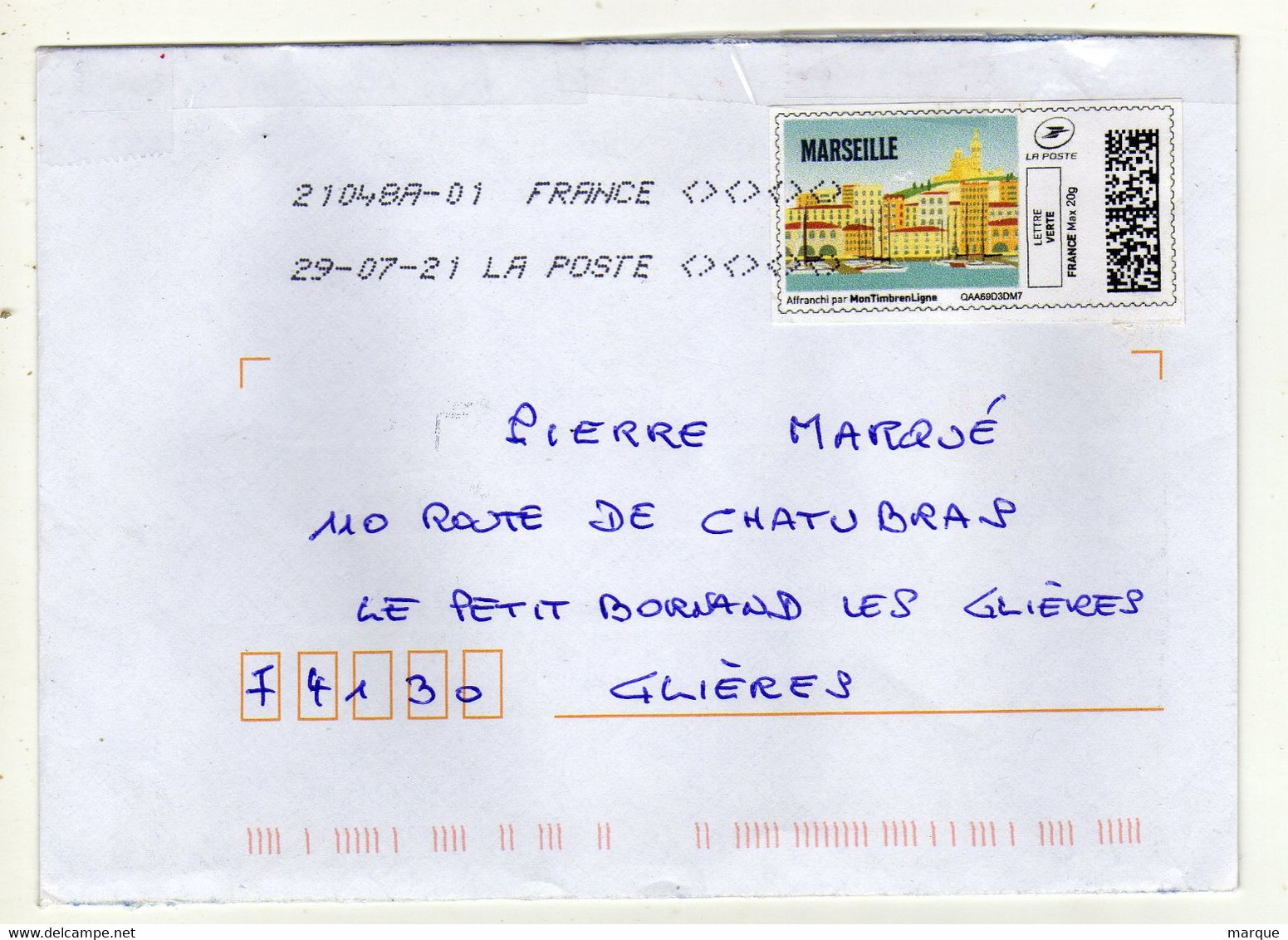 Enveloppe FRANCE Avec Vignette D' Affranchissement Lettre Verte  Oblitération LA POSTE 21048A-01 29/07/2021 - 2010-... Viñetas De Franqueo Illustradas