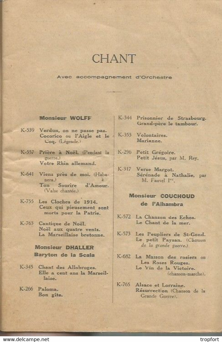 JP / Revue CATALOGUE Répertoire DISQUE GRAMOPHONE à AIGUILLE Chant Orchestre ARTISTE COMEDIEN Chanteur Théâtre Opéra - Musique