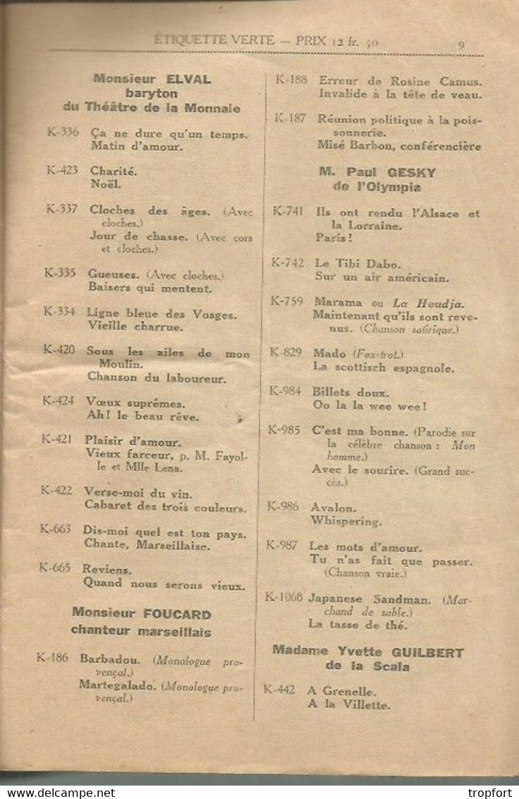 JP / Revue CATALOGUE Répertoire DISQUE GRAMOPHONE à AIGUILLE Chant Orchestre ARTISTE COMEDIEN Chanteur Théâtre Opéra - Musique