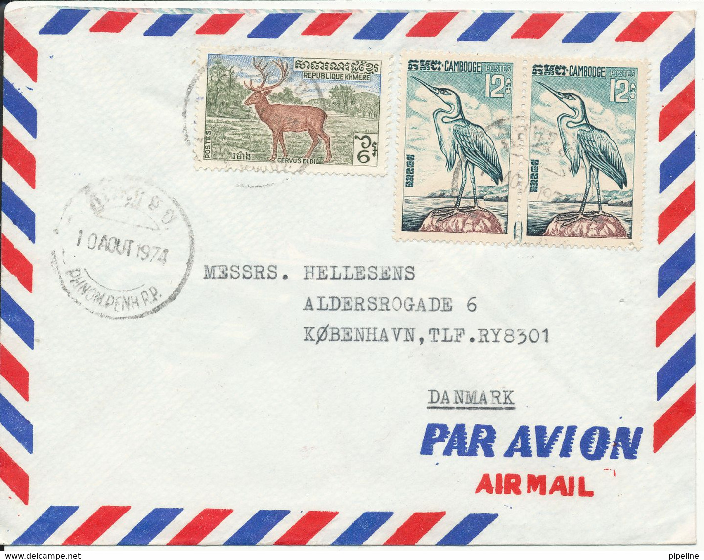 Cambodia Khmere Air Mail Cover Sent To Denmark 1-10-1974 - Camboya