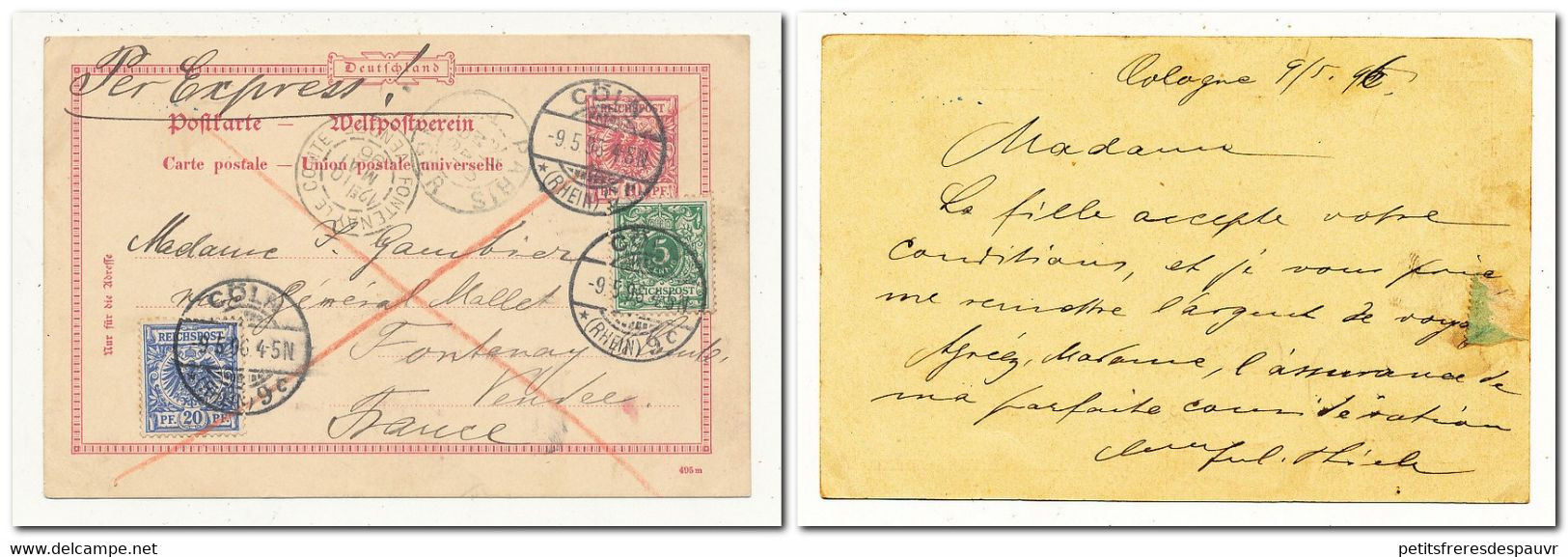 Entier Postal Express De Cöln/Cologne  Avec Complément D'affranchissement Le 9/5/1896 Pour La France - Storia Postale