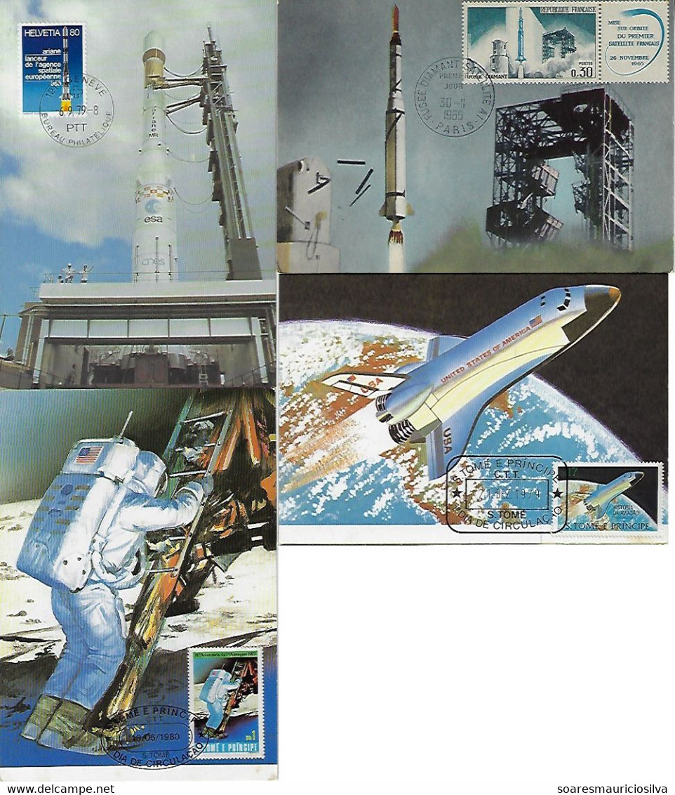 St Thomas And Prince Switzerland France 4 Maximum Card Space Shuttle Astronautics Communications Satellite Rocket Moon - Andere & Zonder Classificatie