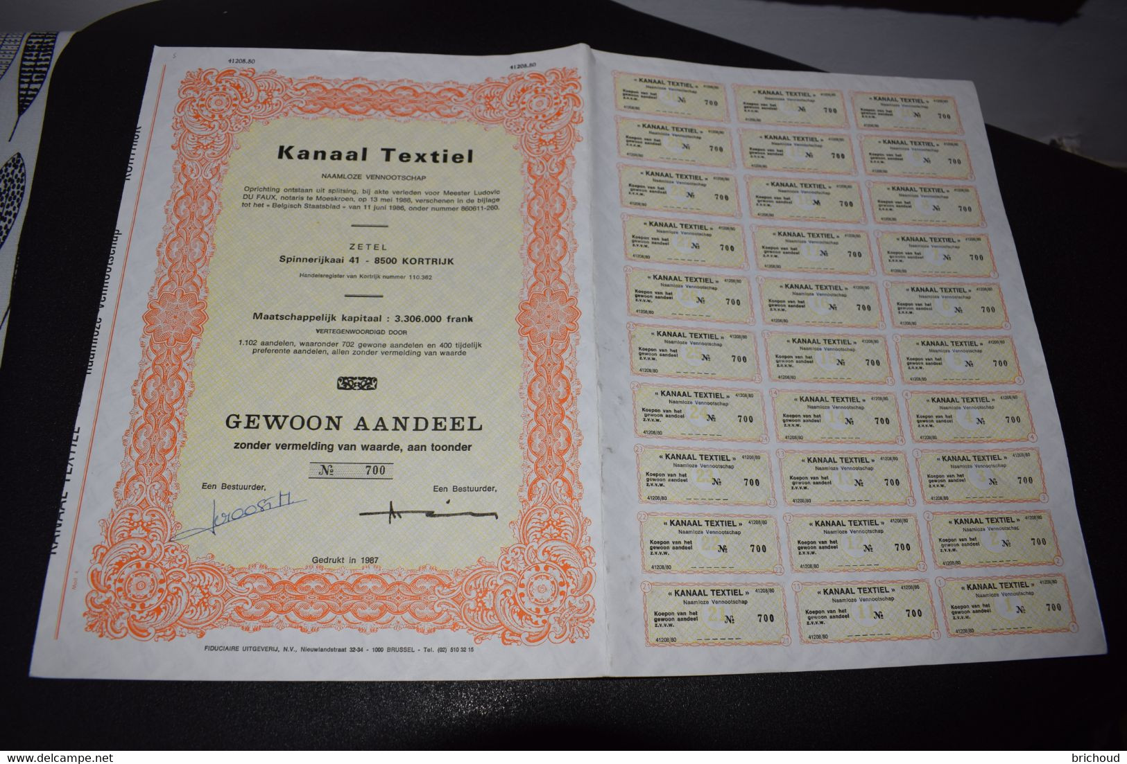 Kanaal Textiel Kortrijk Gewone Aandel 1987 - Textiel