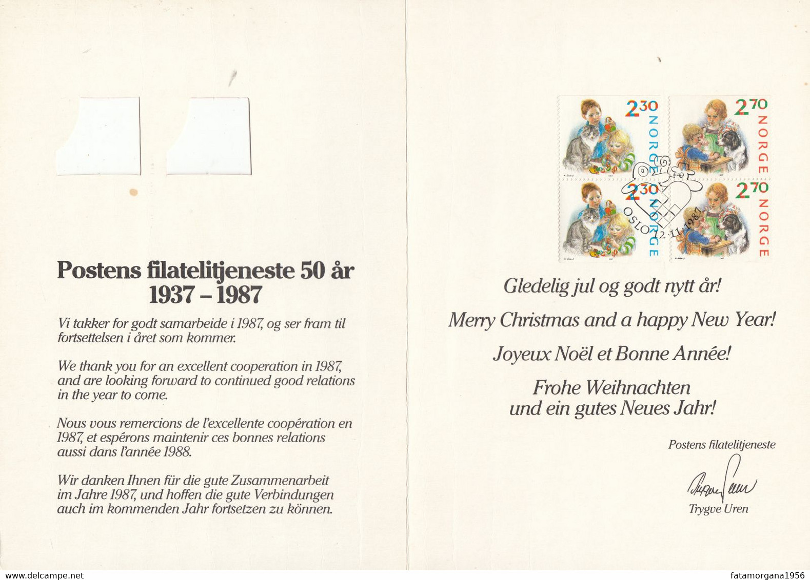 NORVEGIA - 1987 - Yvert 940a E 941a Obliterati FDC Su Biglietto Di Auguri Natalizi - Abarten Und Kuriositäten