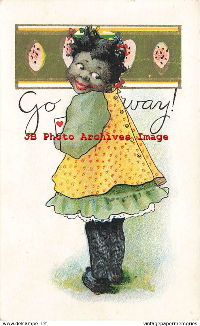 902879-Black Americana, HI Robbins, Go Way! Girl Holding Card With Heart,Valentine Day? - Black Americana