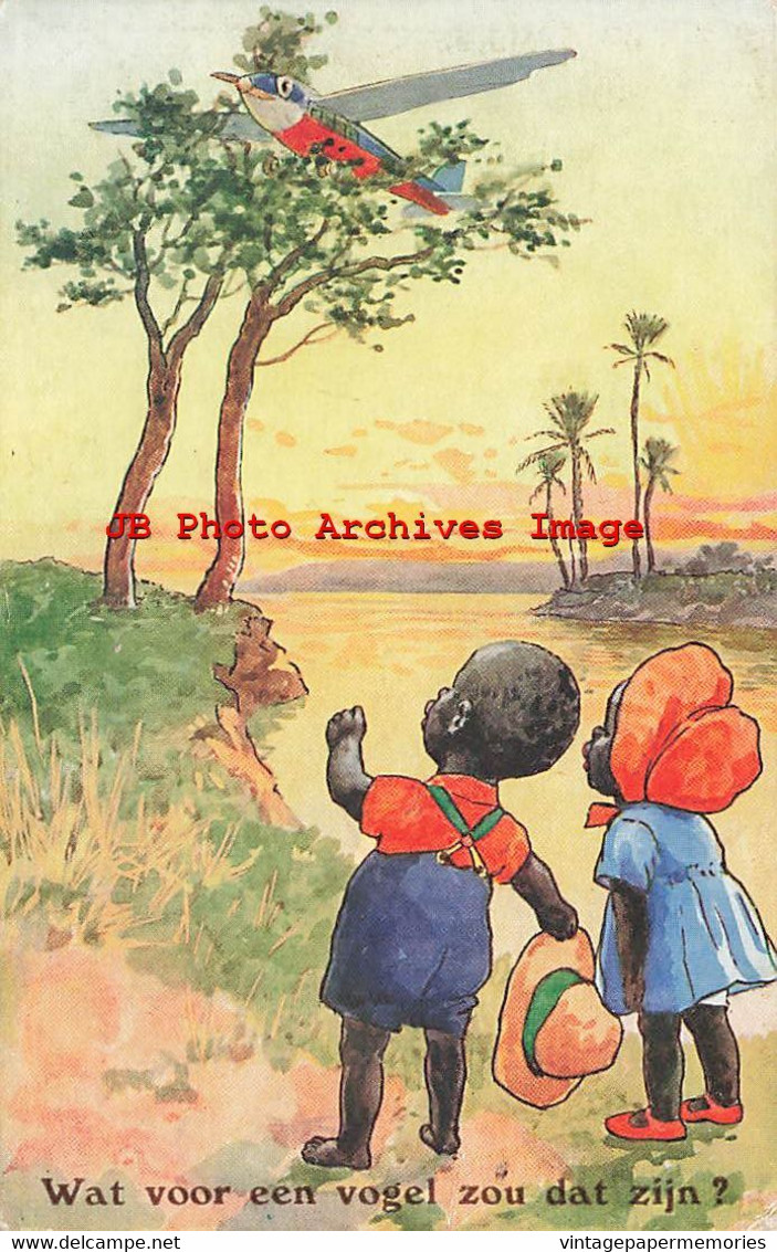 902957-Black European, Salmon No 4444, Children Watching An Airplane Stuck In Tree - Black Americana