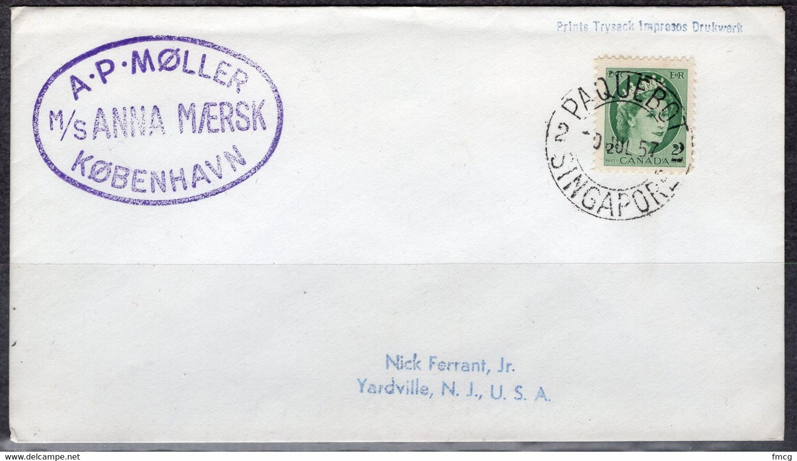 1957 Paquebot Cover, Canada Queen Elizabeth Stamp Mailed In Singapore - Storia Postale