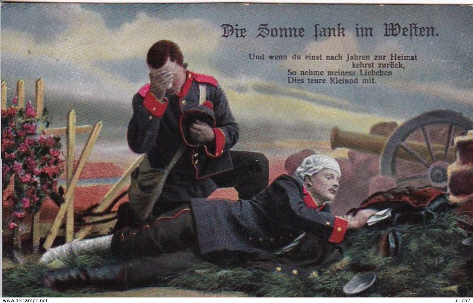 AK Die Sonne Sank Im Westen - Deutscher Soldat Mit Verwundetem - Patriotika - Feldpost Dahme 1915 (57237) - Oorlog 1914-18