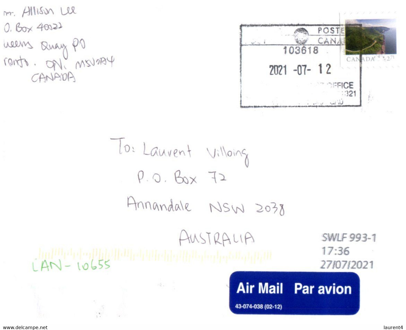 (WW 5) Letter Posted From Canada To Australia During COVID-19 Pandemic - 7-12-2021 - Lettres & Documents