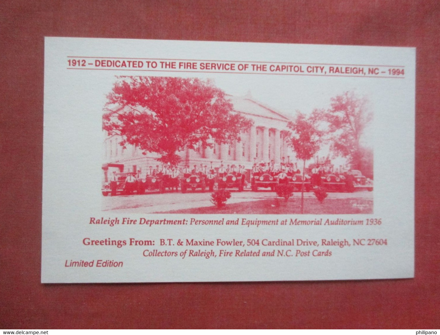 1912 Dedicated To The Fire Service Of The Capitol City  1994   Raleigh   North Carolina >   Ref 5070 - Raleigh