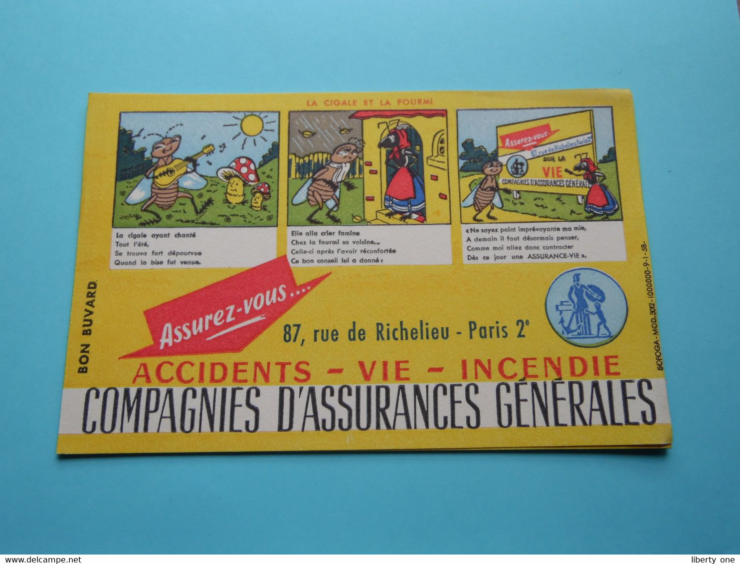 Buvard Compagnies D'ASSURANCES Générales ( Sofoga-Mod.3012-1000000-9-1-58-) ( Format +/- 20,5 X 13 Cm. ) Voir SCAN Svp ! - Banque & Assurance