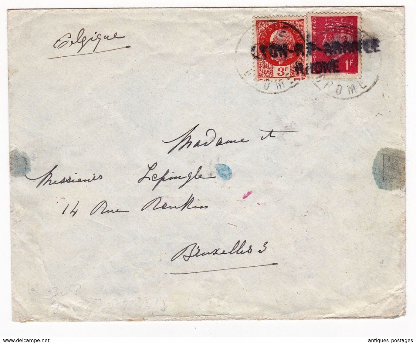 Lettre Marque Linéaire Lyon R.P. Arrivée Rhône Timbre Pétain Bruxelles Belgique Censure Seconde Guerre Mondiale WW2 - 1941-42 Pétain