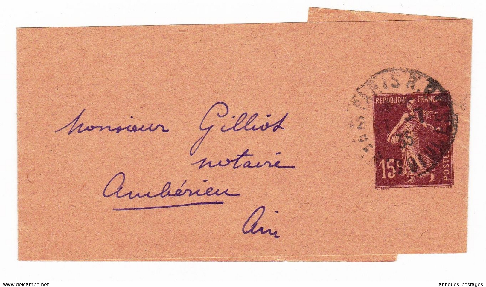 Bande De Journal 1935 Semeuse 15 Centimes Ambérieux Ain - Streifbänder