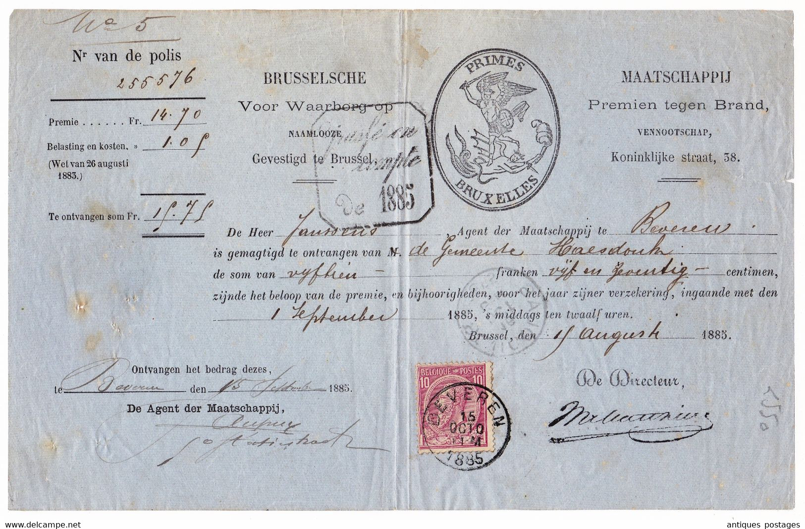 Belgique 1885 Primes Bruxelles Saint-Nicolas Beveren Maatschappij Premien Tegen Brand - 1883 Leopold II