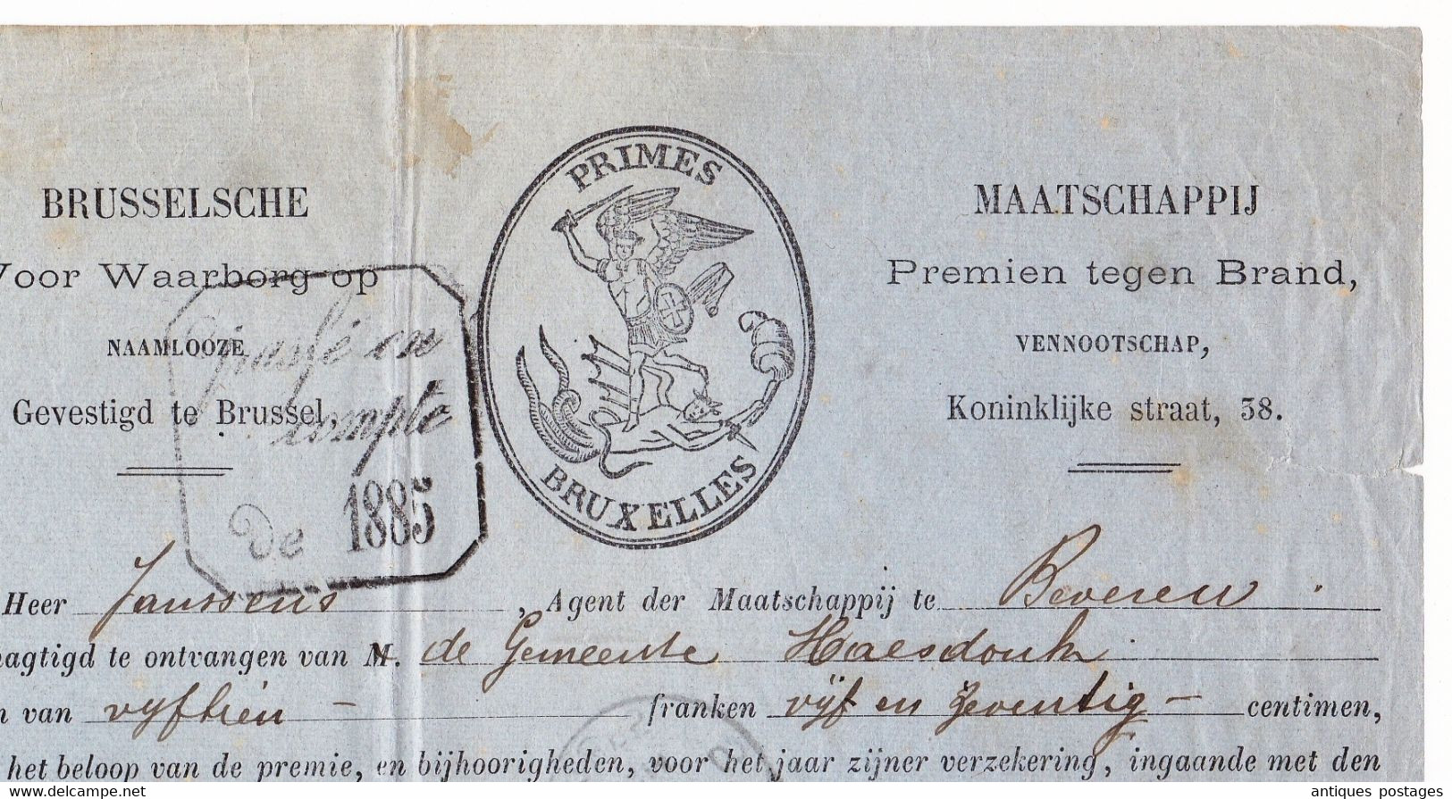 Belgique 1885 Primes Bruxelles Saint-Nicolas Beveren Maatschappij Premien Tegen Brand - 1883 Léopold II