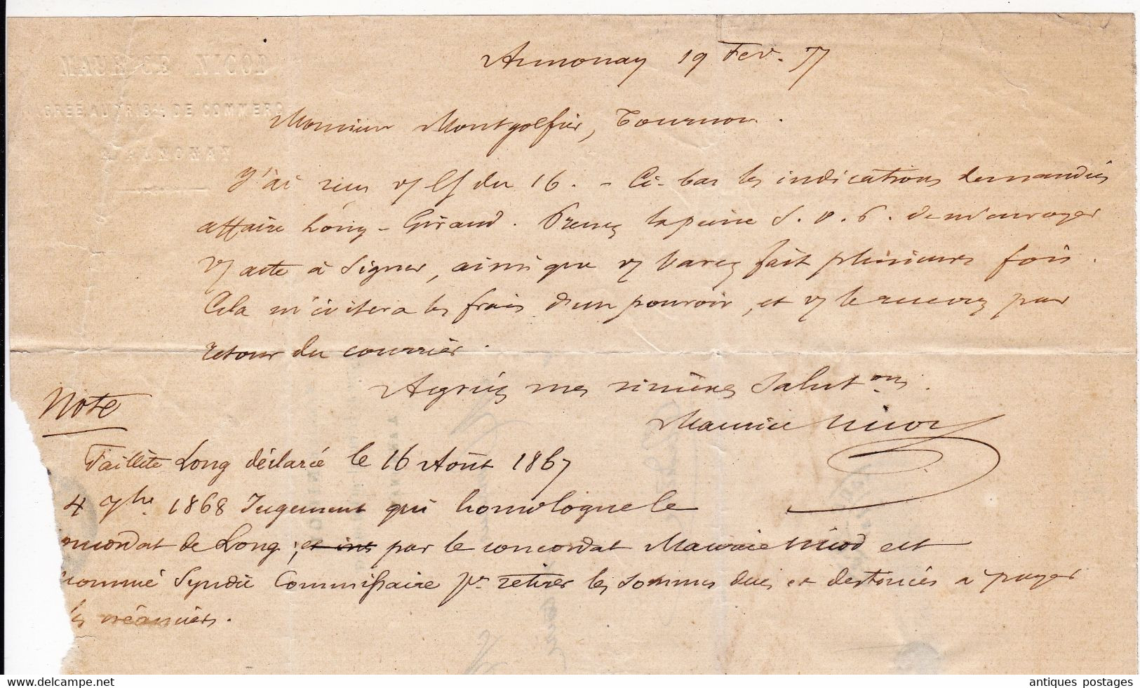 Lettre Annonay 1877 Ardèche Tournon Tribunal de Commerce Maurice Nicod Timbre Type Sage 25 Centimes