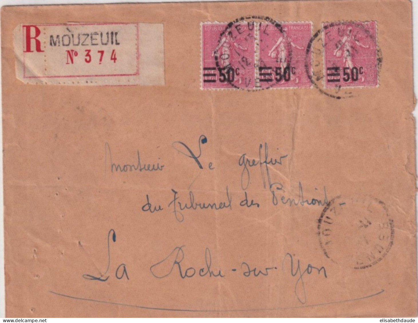 BUREAU DE DISTRIBUTION En RECOMMANDE ! - 1927 - VENDEE - SEMEUSES SURCHARGEES ! ENVELOPPE De MOUZEUIL - 1903-60 Säerin, Untergrund Schraffiert