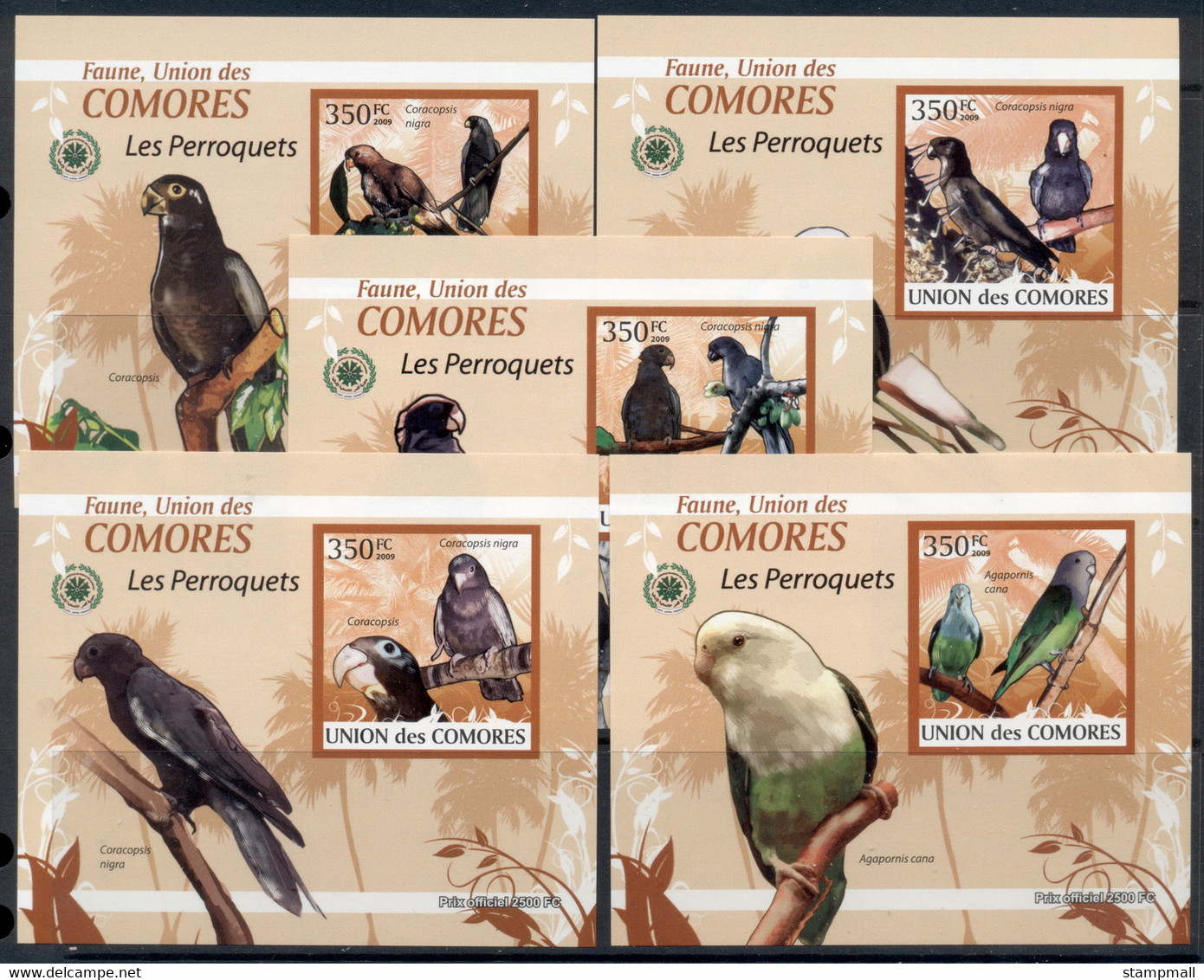 Comoro Is 2009 Birds, Parrots 5x Deluxe MS IMPERF MUH - Comores (1975-...)