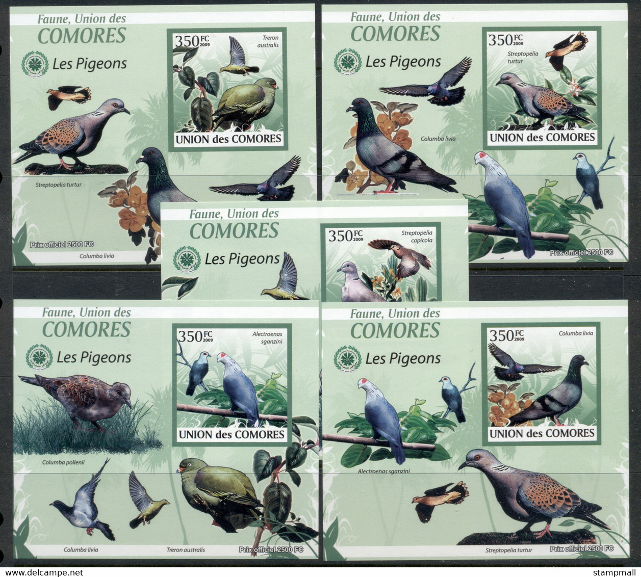 Comoro Is 2009 Birds, Pigeons 5x Deluxe MS IMPERF MUH - Comores (1975-...)