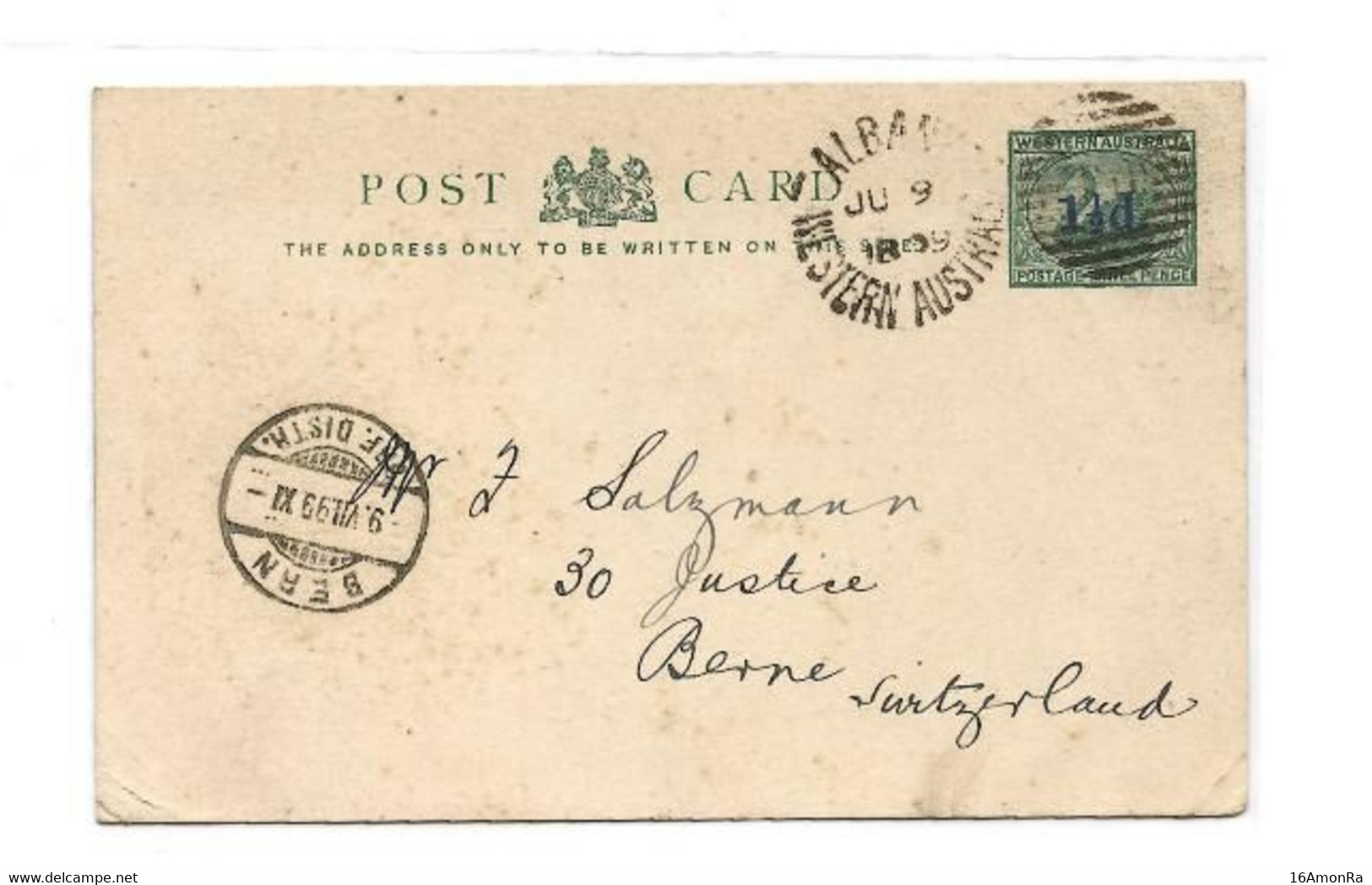 E.P. Postal Stationery Card 3p. SWAN CYGNE  Green On Cream Canc. ALBANY WESTERN AUSTRALIA JU.9. 1899 To Berne (Switzerla - Entiers Postaux